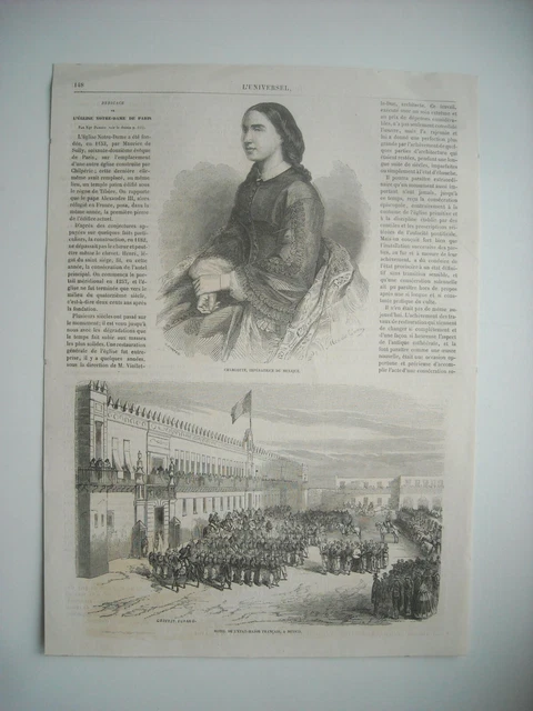GRAVURE 1864. MEXIQUE. CHARLOTTE, IMPERATRICE DU Mexique. HOTEL DE L’ETAT-MAJOR