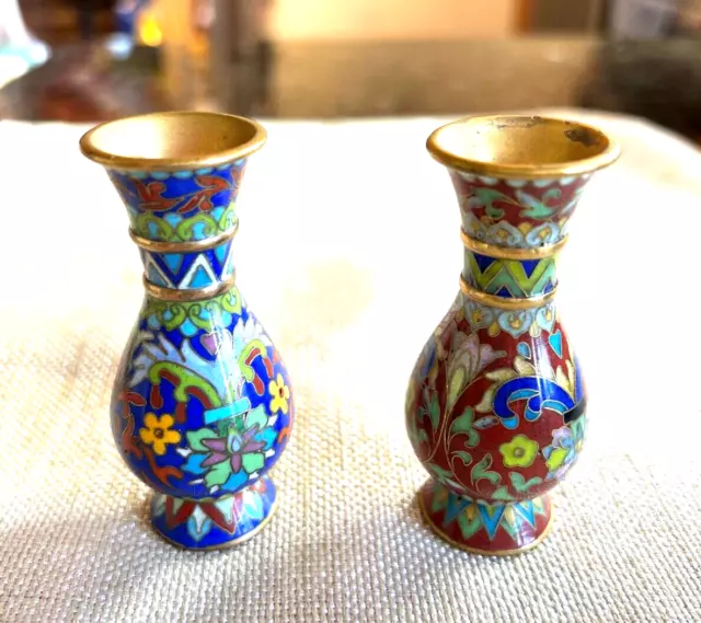 Pair Chinese Cloisonne Vases Petite Flowers Blue and Red Background 3" Tall