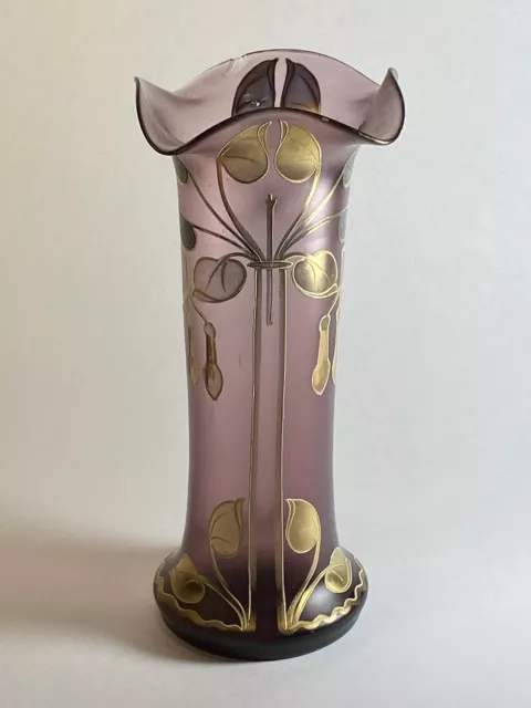Antique Moser Hand Blown Art Glass Vase with Art Nouveau Gold Design