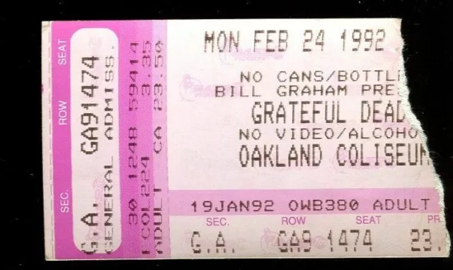 Ticket Concert Grateful Dead Jerry Garcia 1992 2.24 Oakland Coliseum