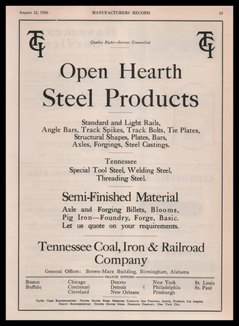 1926 Tennessee Coal Iron & Railroad Rails Bars Spikes Bars Bolts Plates Print Ad