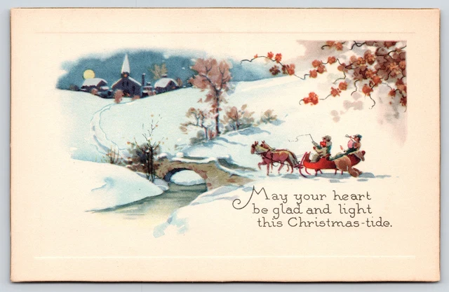 Christmas~Horse Drawn Sleigh on Bridge~Full Moon Village~Gibson Art Lines~1920s