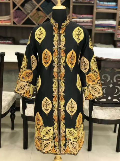 Black Long Coat with Yellow Multi-Colour Kashmiri Boteh Embroidery