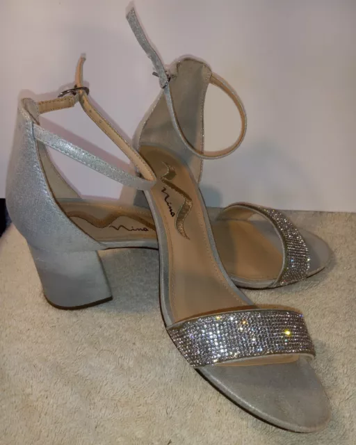 Nina Women Ankle Strap Block Heel Sandals Elenora Silver Satin Rhinestones Sz 8