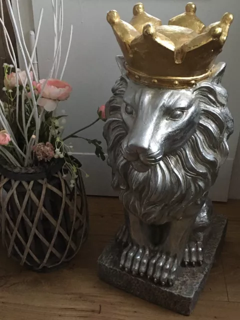 XL 65cm Löwe Figur Skulptur Design Dekoration Wappen Garten Gold Silber Statue 3