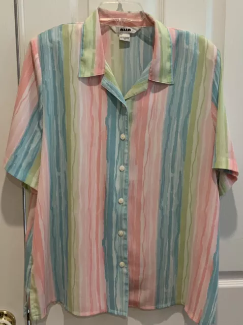 Alia Button Up Collared Blouse Shirt  Sz 16 ~ Pastel Colors Striped Short Sleeve