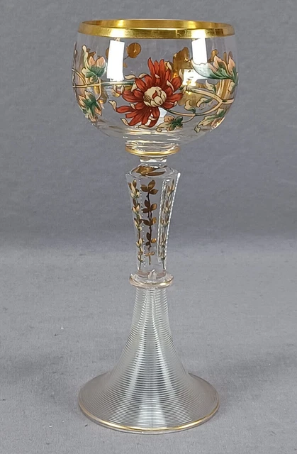 German Bohemian Enameled Chrysanthemum & Gilt Cut Roemer Hock Wine Glass C.1880s