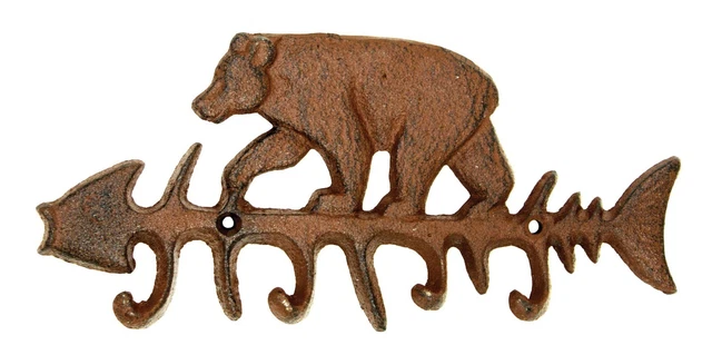 Bear & Fish Bone Skeleton Wall Hooks Key Rack Coat Towel Hanger Iron Lodge Cabin