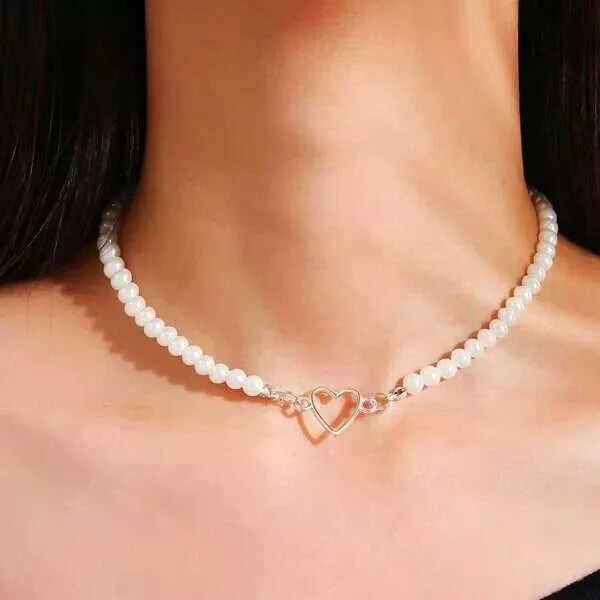 925 Silver Filled Pearl Heart Love Pendant Chain Necklace Womens Jewelry Choker