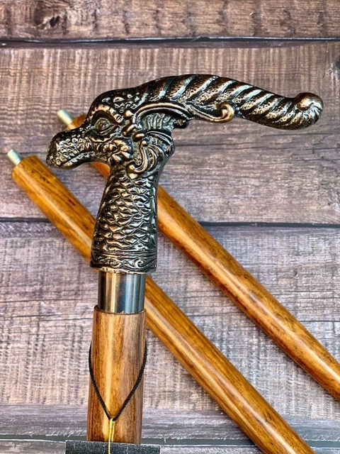 Medieval Replicas Canne en Bois Faite à la Main en Forme de tête de Chien avec poignée en Laiton, 94 x 10,9 x 2,5 cm