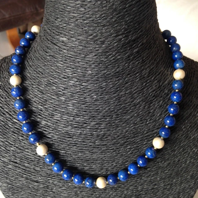 Collier Ancien En Perles Et Lapis Lazuli - Bijou Vintage Bleu - Occasion