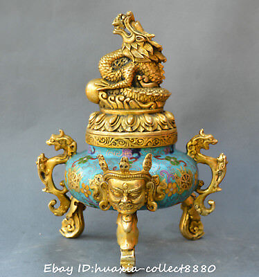 Chinese fengshui cloisonne old Bronze dragon Buddha statue incense burner censer