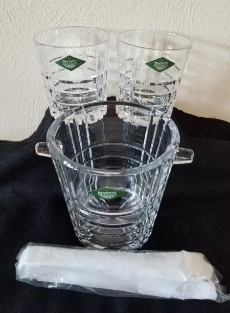 Shannon Lead Crystal Barware Set Classic Plaid Design Ice Bucket, Tongs, 2 Glass