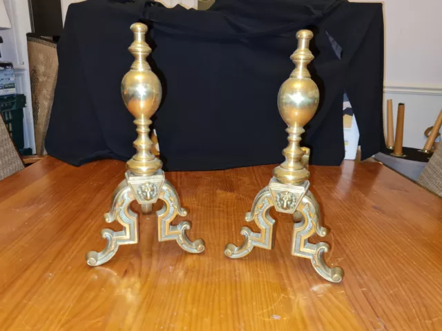 Stunning Antique Solid Brass Fire Dogs With Lion Head Detail 12" High Vgc