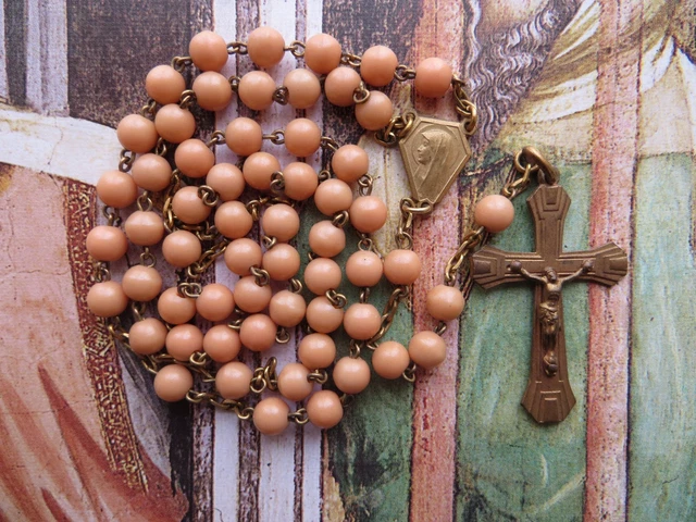 1920s Antique Sm Art Deco Gilded Faux Coral Bakelite Beads Rosary