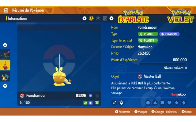 Pomdramour shiny niveau 100 6 IVs + Masterball sur Pokémon Ecarlate ou Violet