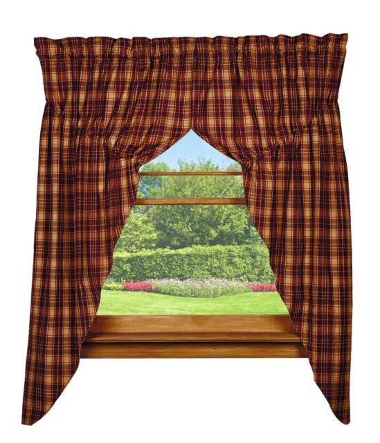 New Country Primitive RED WINE CHECK PLAID PRAIRIE CURTAIN Window Swags
