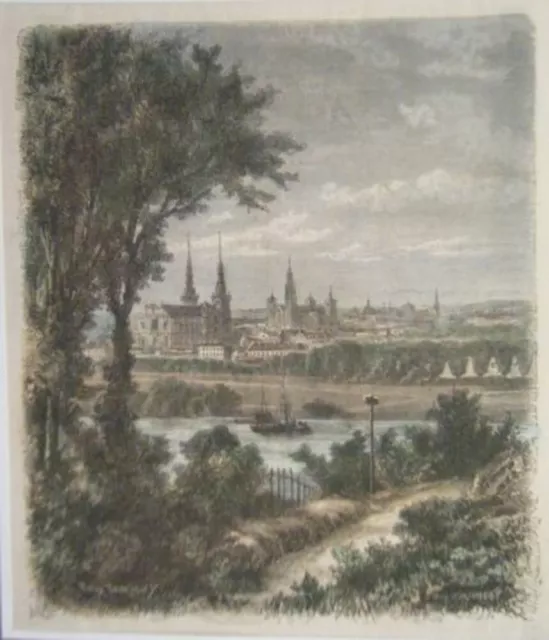 GRAVURE SUR BOIS AQUARELLEE 19ème VUE DE CHALONS SUR MARNE