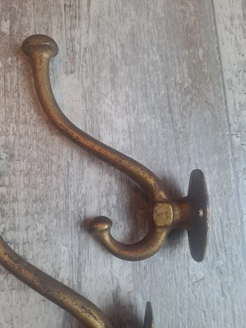 2 Vintage Antique Double Coat Hat Hooks Gold Tone Iron 5.5" Heavy 4