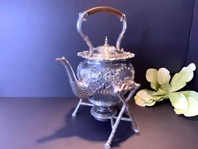 Antique B & G SILVER PLATE Ornate Tilting Teapot/Kettle w/X-Frame Stand & Burner