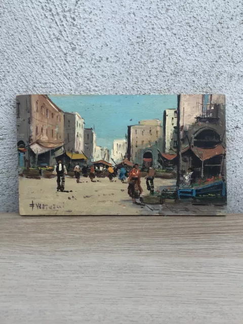 Quadro vintage -Mercato- dipinto a olio su tavola