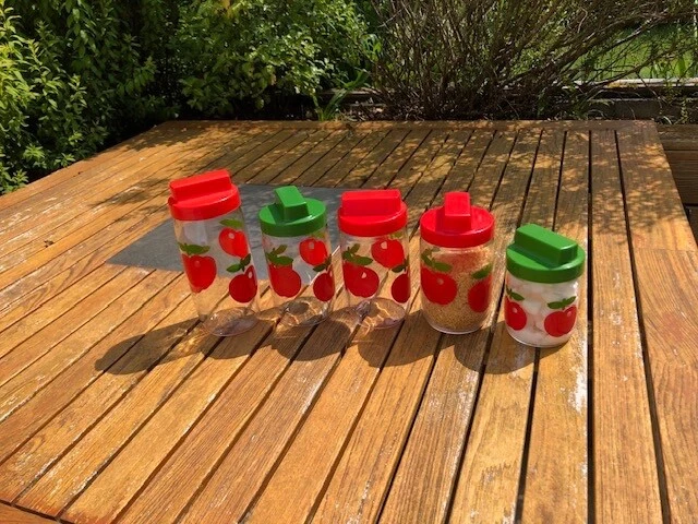 Lot De 6 Bocaux En Verre Vintage Henkel Motif Pomme - Années 70 - Occasion Bon état