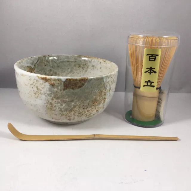 Japanese Matcha Bowl Yukishino w/ Scoop 100 Whisk Tea Ceremony Set Made in Japan