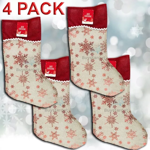 🎅4x Jute Hessian Christmas Xmas Stocking Stockings Foil Printed Santa Gift Sack