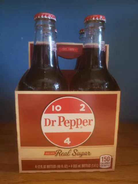 4 pack Glass Bottle Dr Pepper Made With Real Sugar 12 fl oz 355 mL 10-2-4 Logo