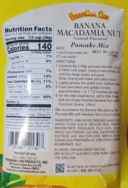 Hawaiian Sun Banana Macadamia Nut Pancake Mix, 6 Oz. Just add Water 2