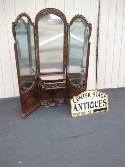 64086   Rare Tri-fold Antique Walnut Vanity With 3 Mirrors