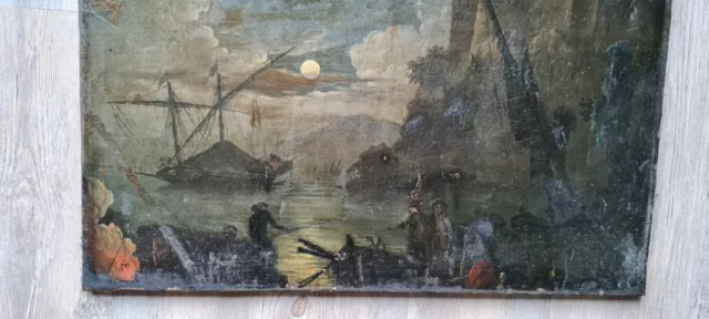peinture ancienne huile sur toile Marine Au Clair De Lune XVIII ème 3