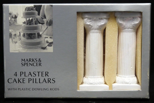 4 pilares y varillas de toallitas Marks & Spencer para pasteles de yeso blanco - en caja
