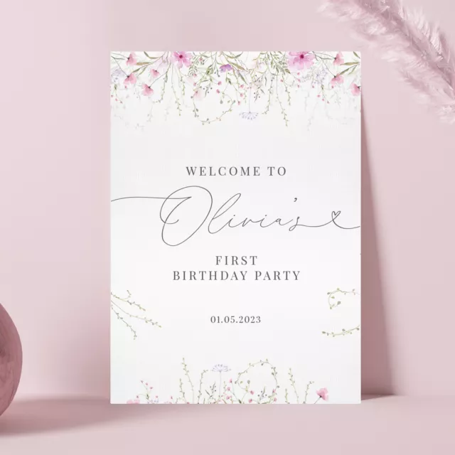 Personalised Birthday Party Welcome Sign Wildflower Green / Blue or Pink (WF7)