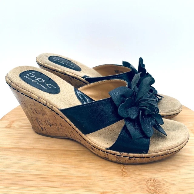 Born Boc Shoes Womens 8 Black Leather Slip On Open Toe Comfort Sandals Flower