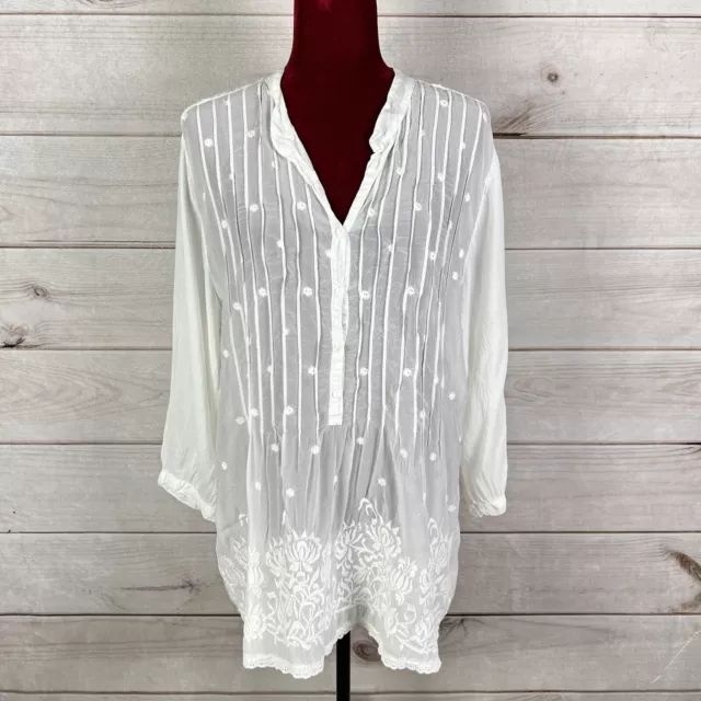Johnny Was Ivory Semi Sheer Embroidered Floral Pintuck Blouse Women’s Sz S?