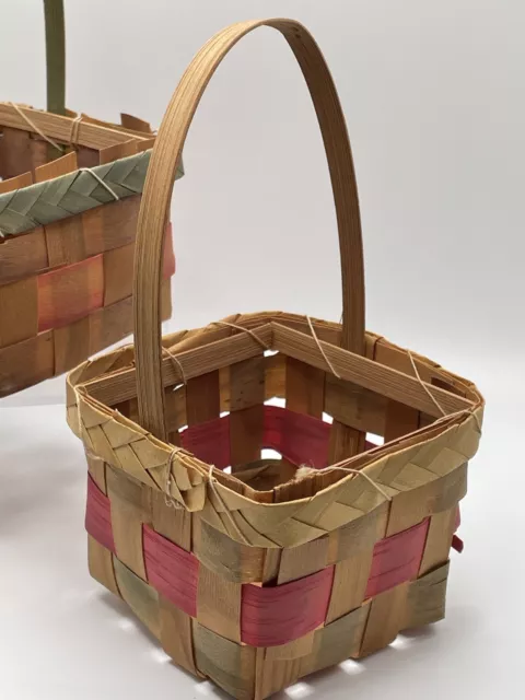 2 Vintage Woven Wicker Multicolor Square Easter Basket Lot JAPAN 3.5” & 3”