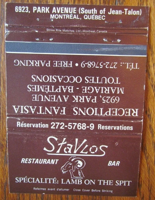Greek Restaurant Matchbook Matchcover: Stavlos Bar (Montreal, Quebec) -E8