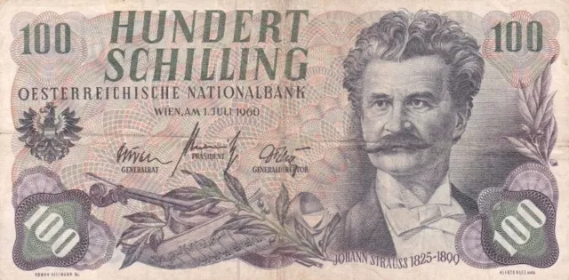 #National Bank of Austria 100 Schillings 1960 P-138 aVF Johann Strauss