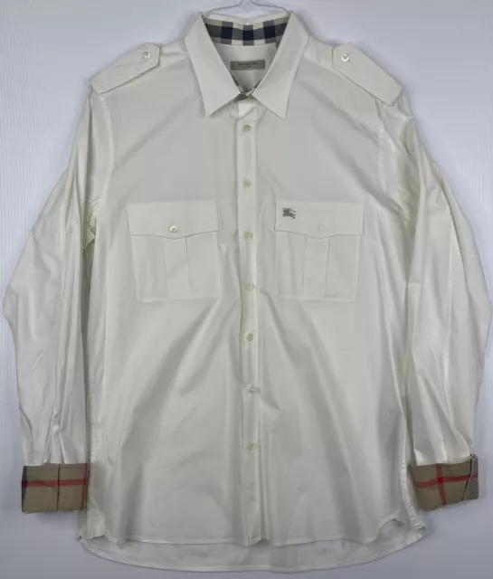 Burberry London White Button Up Shirt Nova Check Flip Cuff Long Sleeve Mens Sz L