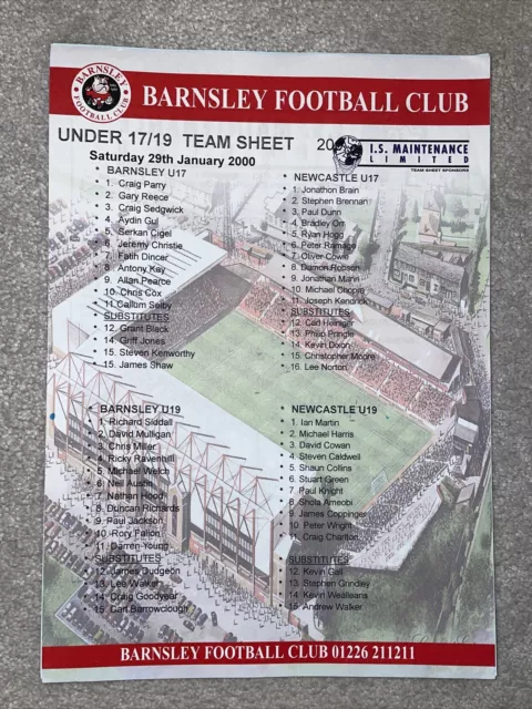 Barnsley V Newcastle U19 2000 And Under 17 Teamsheet