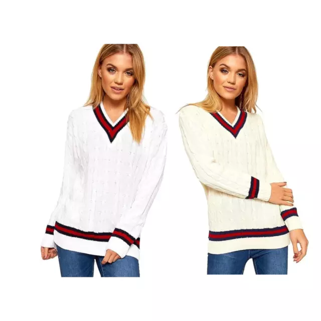 Ladies Knitted V Neck Cable Cricket Jumper Long Sleeve Womens Striped Top