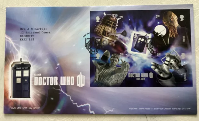 GB QEII 2013 Doctor Who Minisheet RM FDC Cardiff Cyberman SHS Typed Address