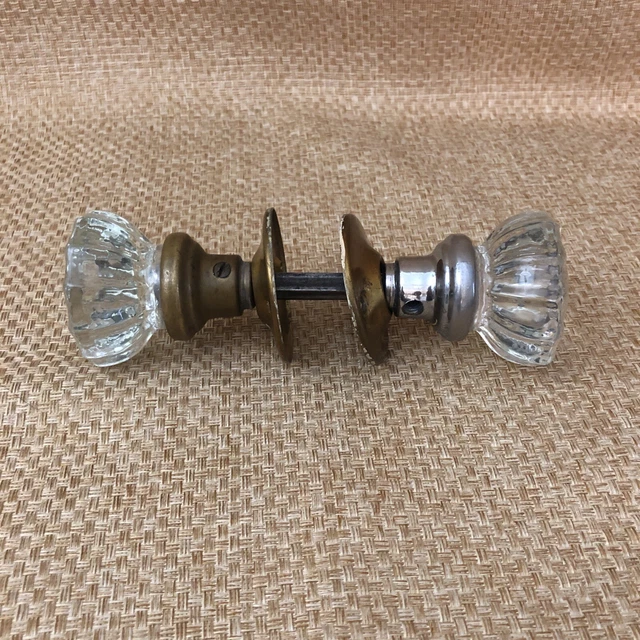 Vintage 12 Point Clear Glass Crystal  Door Knob Set Brass Back Plate