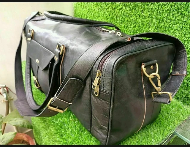 Large BLACK Duffle Men Genuine Leather Travel Luggage Gym Weekend Overnight Bag