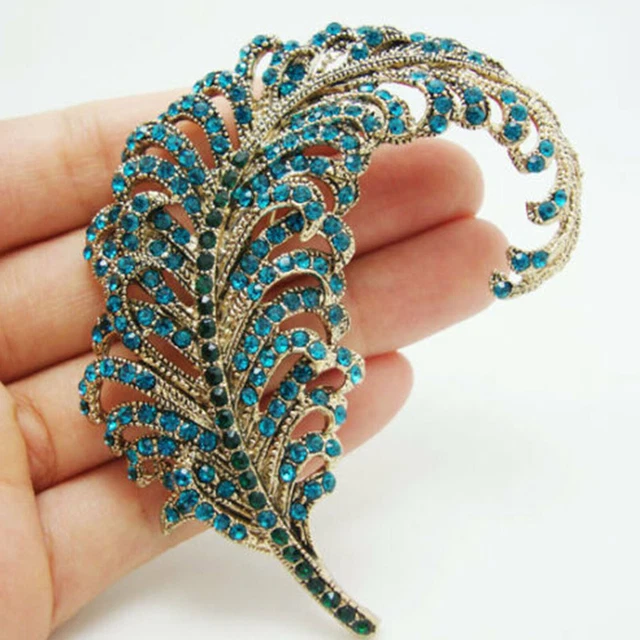 Broche Vintage En Cristal Strass Multicolore - Plume De Paon Dorée