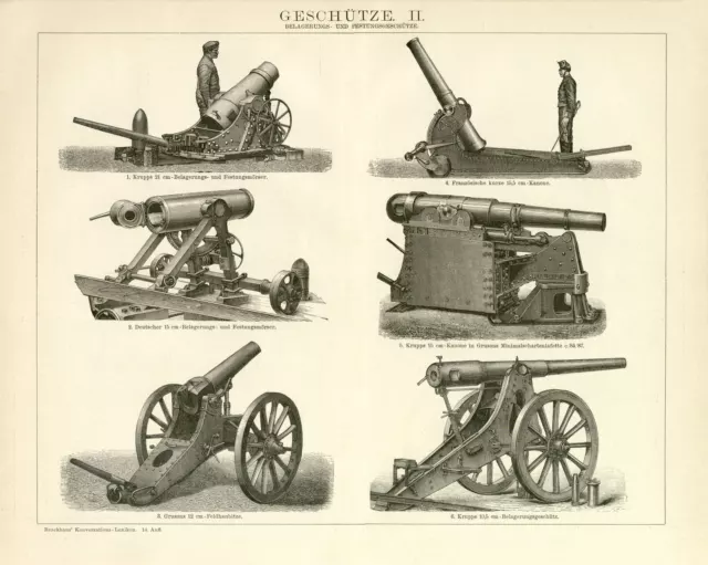 Geschütze Feldkanone Mörser Haubitze Maschinengewehr Grafik Holzstich ca. 1892