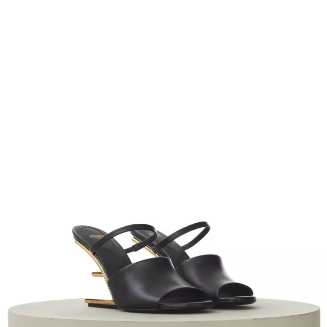 FENDI FIRST 1390$ Black Leather High Heel Sandal, F-Shaped Gold Metal Heel 2