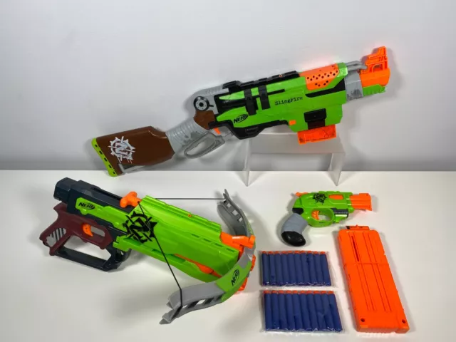 Nerf Zombie Strike Slingfire, Crossfire Bow & Doublestrike + 20 New Darts - VGC