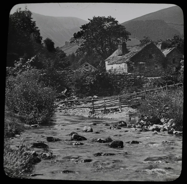 Magic Lantern Slide STONE COTTAGES BY A STREAM C1910 PHOTO NORWAY ?